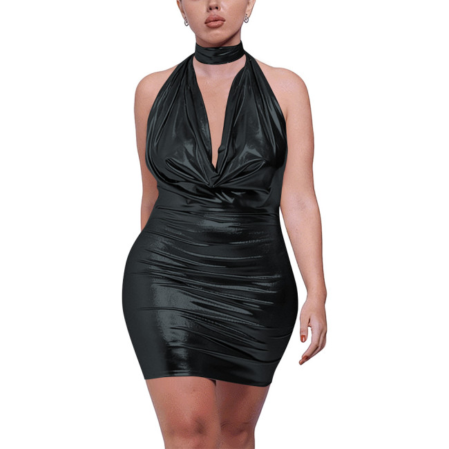 Plus Size Women's Liquid Metallic Halter Dress Sleeveless Deep V Backless Bodycon Mini Dress Ladies Shiny Party Club Sexy Dress