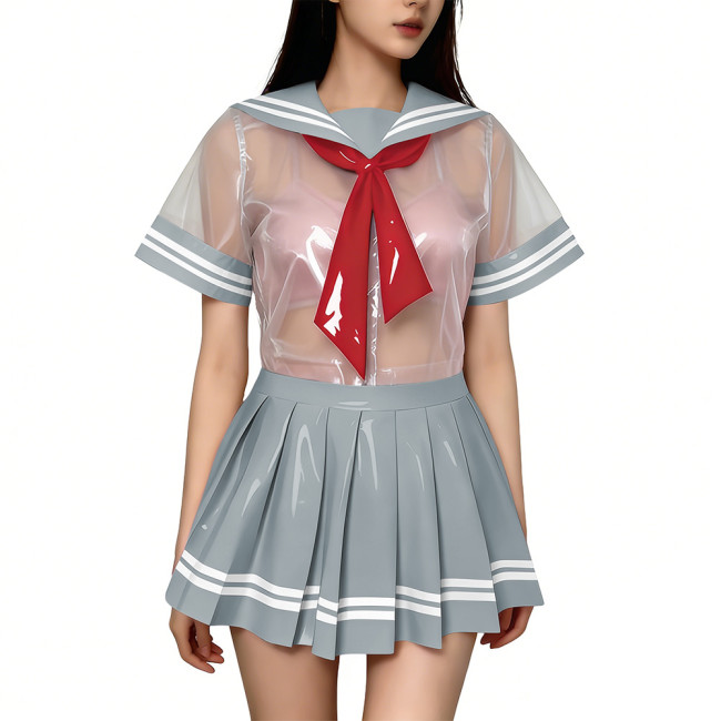 Exotic Sexy Short Transparent Sailor Uniform Wetlook PVC Short Sleeve Top with Pleated Mini Skirts  Cosplay JK Student Costume