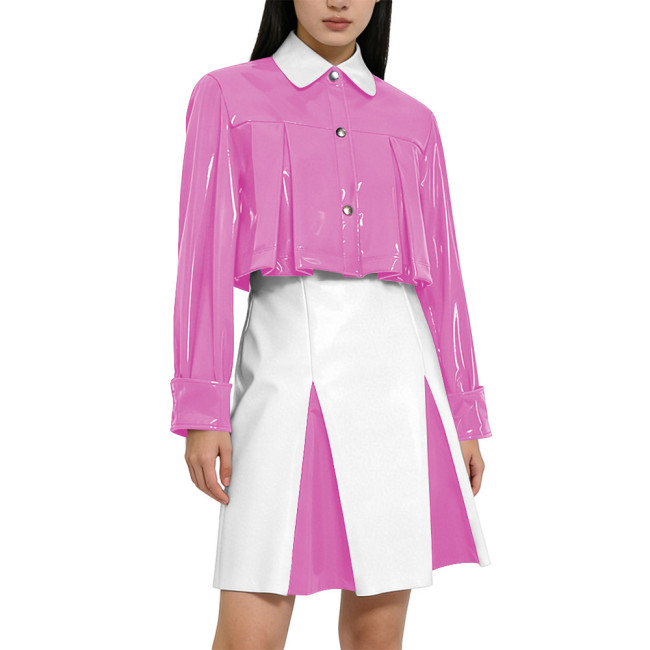 Y2K Shiny PVC Glossy Contrast Color Short Dress Sets High Waist Cocktail Skirt Outfit Elegant Preppy Cosplay Ladies Bodycon Party Dresses