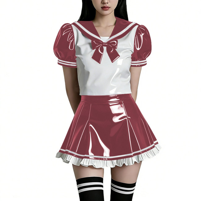 Shiny PVC Wetlook Sailor Uniform Set Glossy Vinyl Puff Sleeve Rave Party Lolita Bow Top Ruffled Mini Skirt Two Piece Cosplay Set