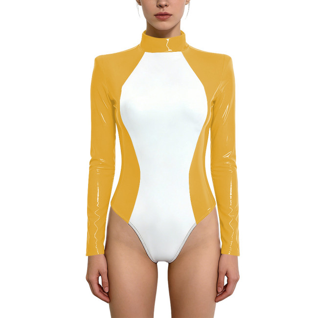 Sexy PVC Halter Neck Bodysuit for Women Glossy Patchwork Back Zip One Piece Rompers Wet Look Lingerie Rave Party Cosplay Leotard