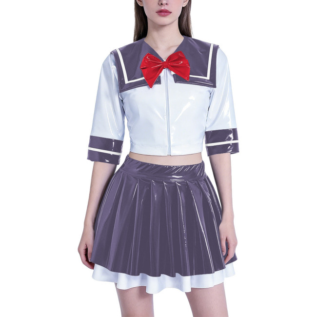 Anime School Girl Cosplay Dress Set Women PVC Latex-look Sailor Collar Crop Top with Flared Pleated Skirt Themed Party Outfit