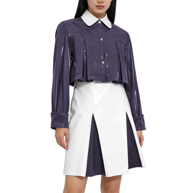 Y2K Shiny PVC Glossy Contrast Color Short Dress Sets High Waist Cocktail Skirt Outfit Elegant Preppy Cosplay Ladies Bodycon Party Dresses