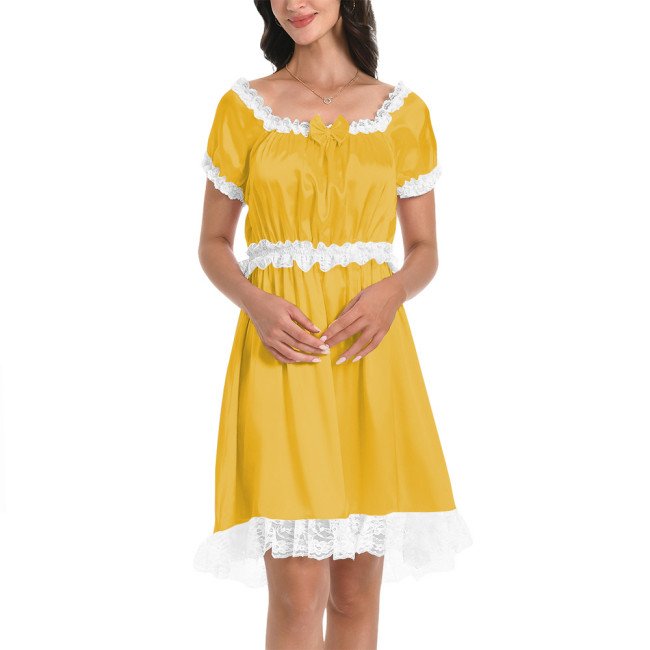 Womens Mens Smooth Satin Flared Short Dresses Short Sleeve French Babydoll Dress with Ruffled Lace Cross Dresser Pajama Dress