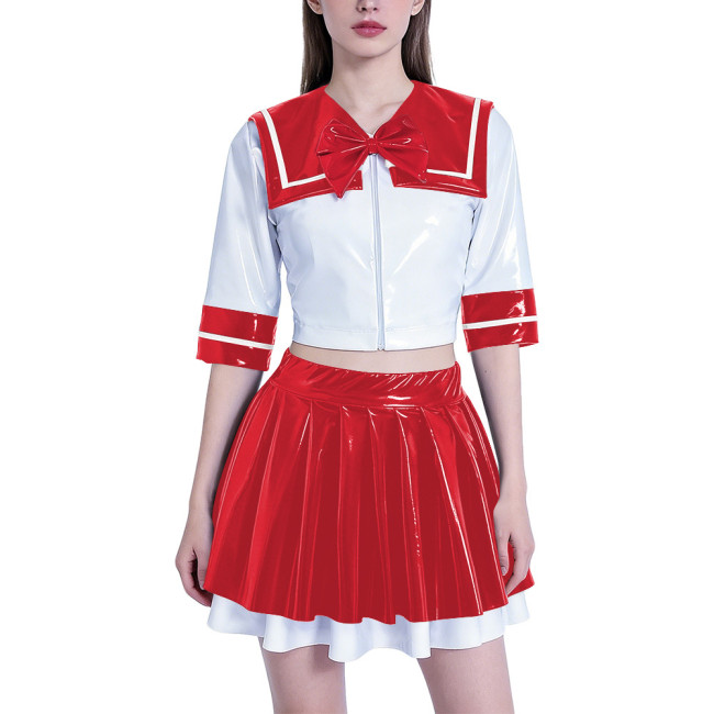 Anime School Girl Cosplay Dress Set Women PVC Latex-look Sailor Collar Crop Top with Flared Pleated Skirt Themed Party Outfit