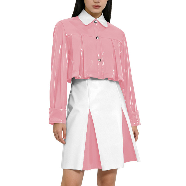 Y2K Shiny PVC Glossy Contrast Color Short Dress Sets High Waist Cocktail Skirt Outfit Elegant Preppy Cosplay Ladies Bodycon Party Dresses