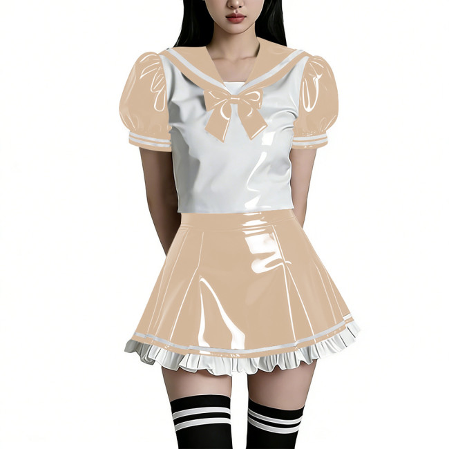 Shiny PVC Wetlook Sailor Uniform Set Glossy Vinyl Puff Sleeve Rave Party Lolita Bow Top Ruffled Mini Skirt Two Piece Cosplay Set