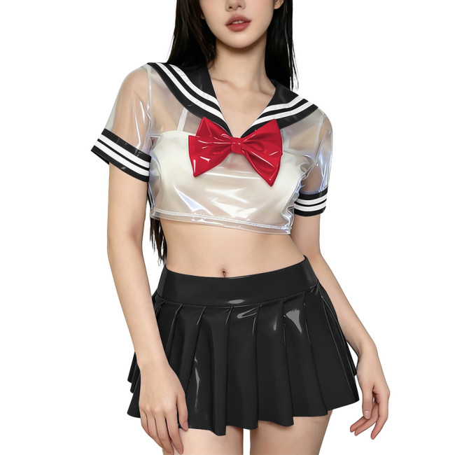 Novelty Clear PVC Sailor Collar Crop Top Shiny Pleated Mini Skirt Club Cosplay Student Uniform Sissy Themed Party Sailor Uniform