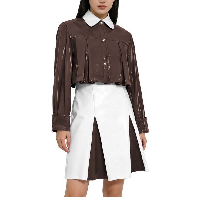 Y2K Shiny PVC Glossy Contrast Color Short Dress Sets High Waist Cocktail Skirt Outfit Elegant Preppy Cosplay Ladies Bodycon Party Dresses