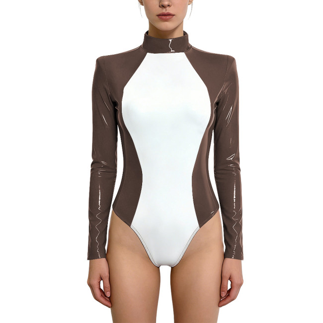 Sexy PVC Halter Neck Bodysuit for Women Glossy Patchwork Back Zip One Piece Rompers Wet Look Lingerie Rave Party Cosplay Leotard