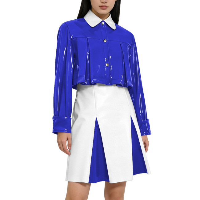 Y2K Shiny PVC Glossy Contrast Color Short Dress Sets High Waist Cocktail Skirt Outfit Elegant Preppy Cosplay Ladies Bodycon Party Dresses