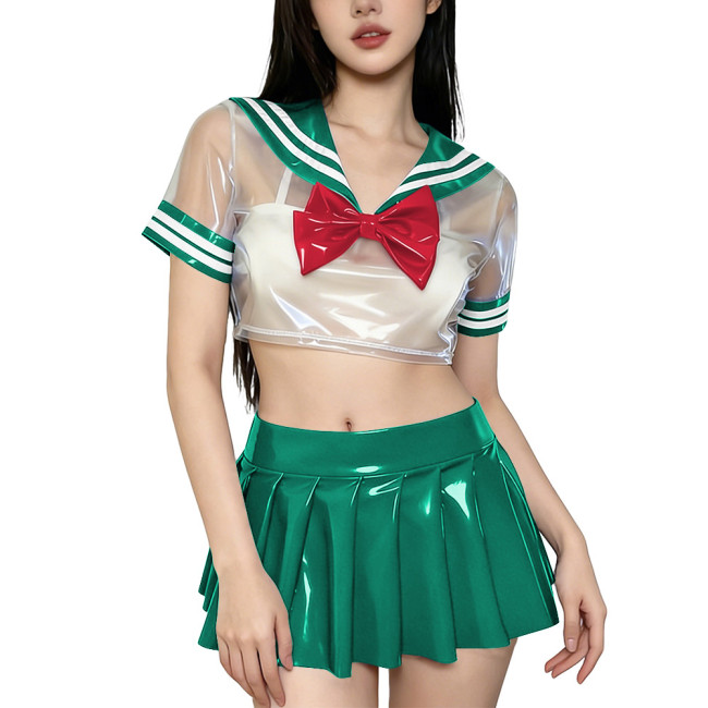 Novelty Clear PVC Sailor Collar Crop Top Shiny Pleated Mini Skirt Club Cosplay Student Uniform Sissy Themed Party Sailor Uniform