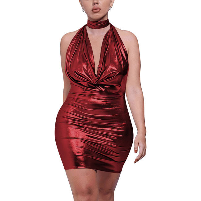 Plus Size Women's Liquid Metallic Halter Dress Sleeveless Deep V Backless Bodycon Mini Dress Ladies Shiny Party Club Sexy Dress