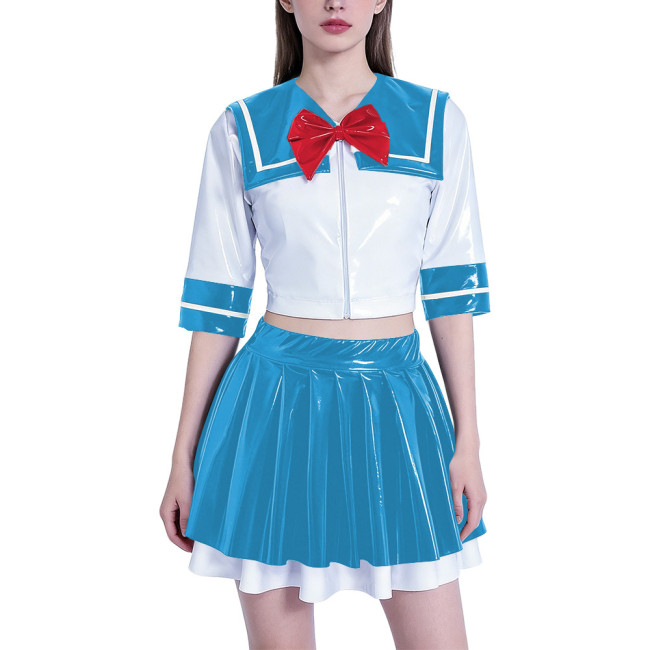 Anime School Girl Cosplay Dress Set Women PVC Latex-look Sailor Collar Crop Top with Flared Pleated Skirt Themed Party Outfit