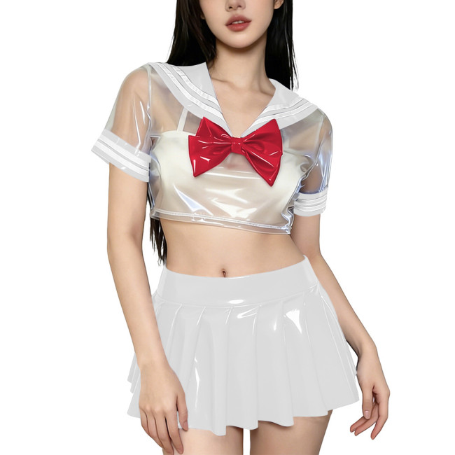 Novelty Clear PVC Sailor Collar Crop Top Shiny Pleated Mini Skirt Club Cosplay Student Uniform Sissy Themed Party Sailor Uniform