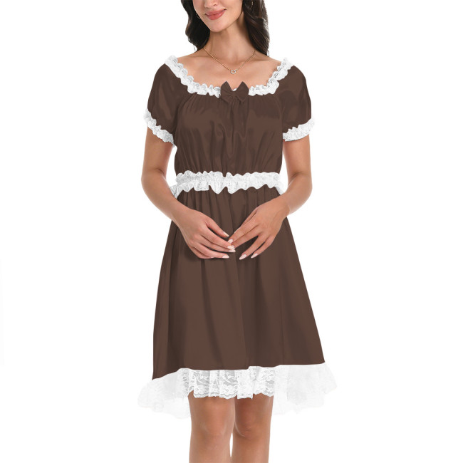 Womens Mens Smooth Satin Flared Short Dresses Short Sleeve French Babydoll Dress with Ruffled Lace Cross Dresser Pajama Dress