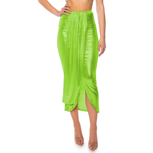Fashion Night Shine Draped Gathered Midi Skirt Liquid Metallic Plus Size Skirts Sexy High Waist Bodycon Skirts Womens Streetwear