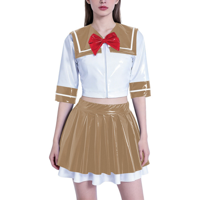 Anime School Girl Cosplay Dress Set Women PVC Latex-look Sailor Collar Crop Top with Flared Pleated Skirt Themed Party Outfit