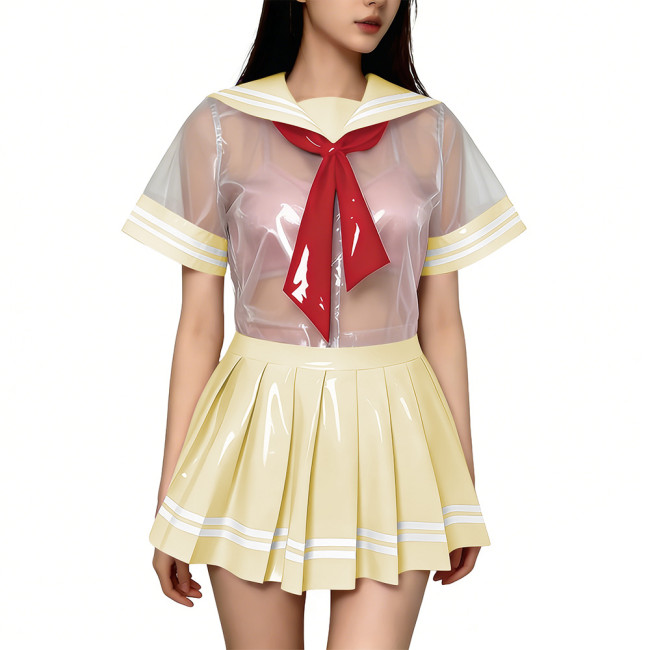 Exotic Sexy Short Transparent Sailor Uniform Wetlook PVC Short Sleeve Top with Pleated Mini Skirts  Cosplay JK Student Costume