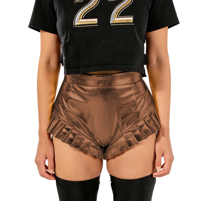 Gothic Shiny Metallic Ruched Sexy Shorts Womens Pole Dancing High Waist Skinny Bottoms Spicy Girl Hot Pants Night Party Clubwear
