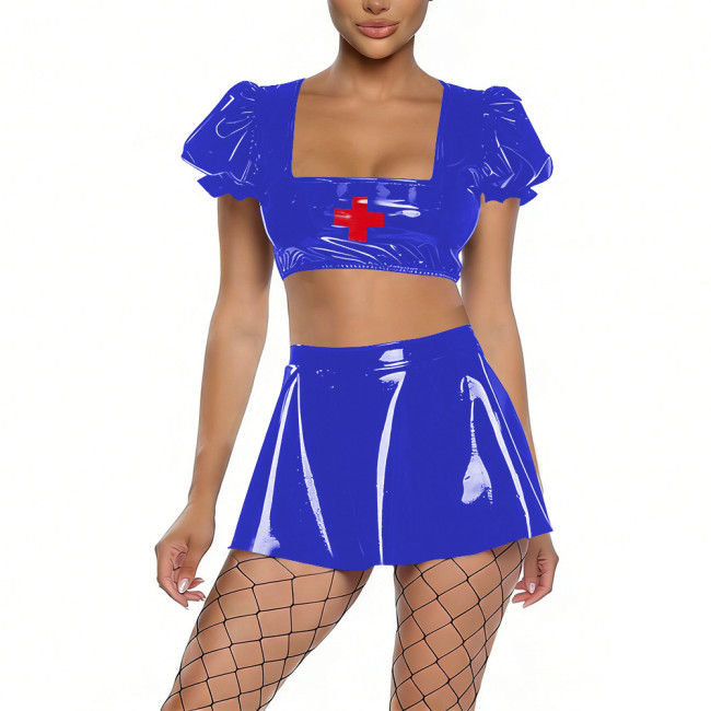 Womens Shiny PVC Nurse Uniform Short Puff Sleeve Crop Top with Flared Mini Skirt Two-Piece Set for Cosplay Themed Party Dress Up