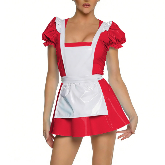 Glossy Party Cosplay Maid Fancy Dress Puff Short Sleeve PVC Shiy A-line Mini Dress Outfit Sissy Maid Outfit Anime Sexy Uniform