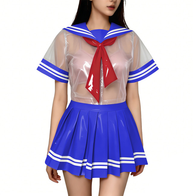 Exotic Sexy Short Transparent Sailor Uniform Wetlook PVC Short Sleeve Top with Pleated Mini Skirts  Cosplay JK Student Costume