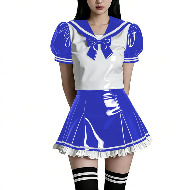 Shiny PVC Wetlook Sailor Uniform Set Glossy Vinyl Puff Sleeve Rave Party Lolita Bow Top Ruffled Mini Skirt Two Piece Cosplay Set