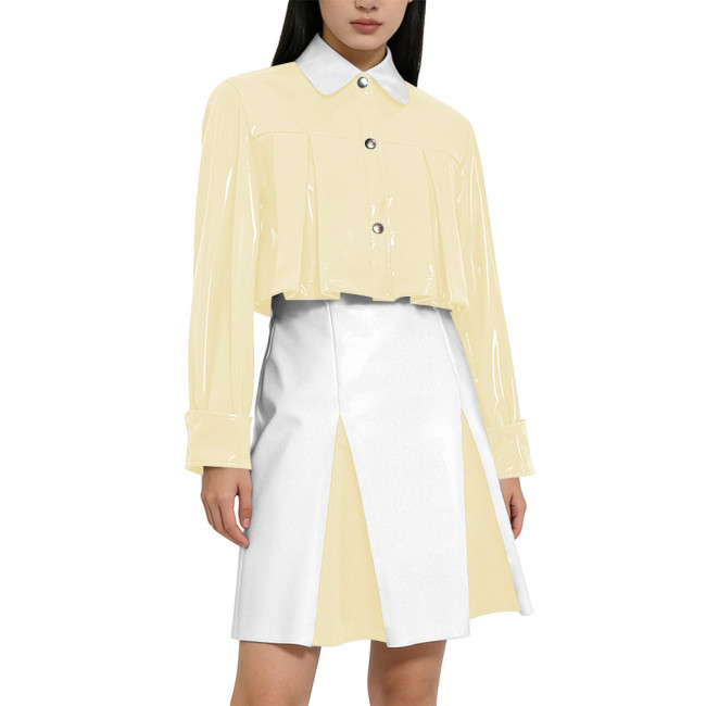Y2K Shiny PVC Glossy Contrast Color Short Dress Sets High Waist Cocktail Skirt Outfit Elegant Preppy Cosplay Ladies Bodycon Party Dresses