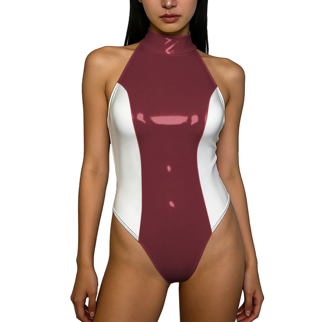 Sexy PVC Halter Neck Bodysuit for Women Glossy Patchwork Back Zip One Piece Rompers Wet Look Lingerie Rave Party Cosplay Leotard
