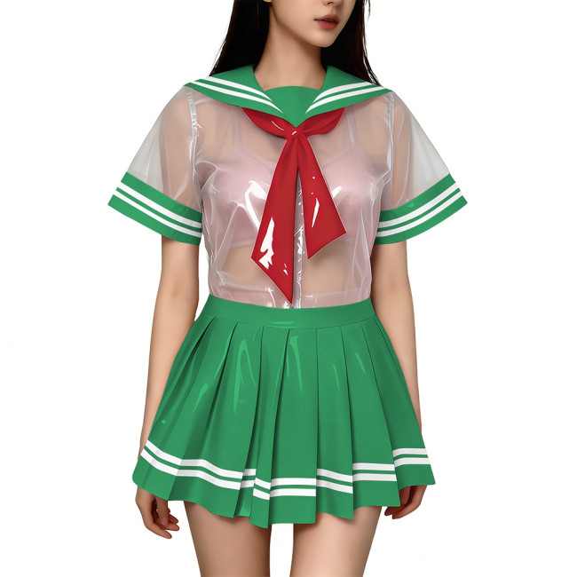Exotic Sexy Short Transparent Sailor Uniform Wetlook PVC Short Sleeve Top with Pleated Mini Skirts  Cosplay JK Student Costume