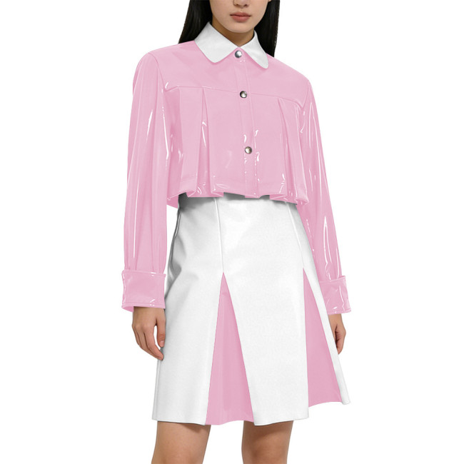 Y2K Shiny PVC Glossy Contrast Color Short Dress Sets High Waist Cocktail Skirt Outfit Elegant Preppy Cosplay Ladies Bodycon Party Dresses