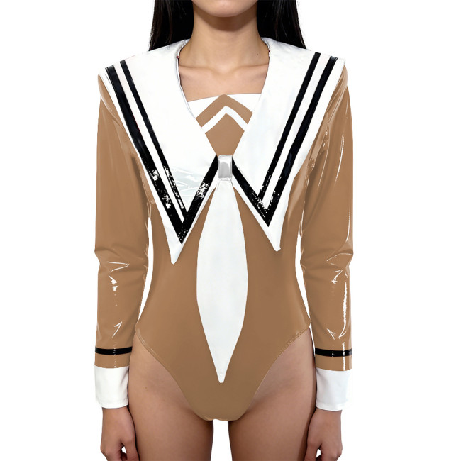 Chic Anime Shiny Party Bodysuit Glossy PVC Leather Sailor Collar Rompers Long Sleeves School Uniform Halloween Cosplay Outfit