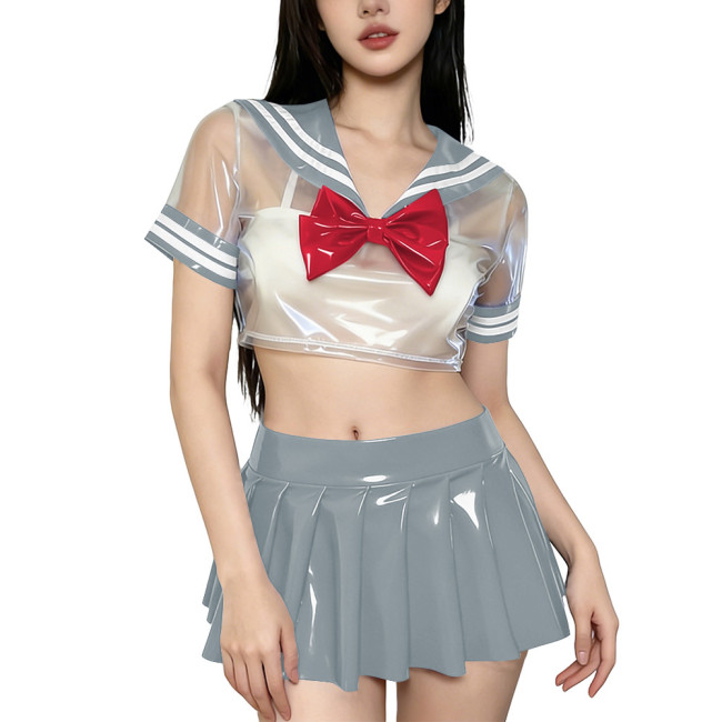 Novelty Clear PVC Sailor Collar Crop Top Shiny Pleated Mini Skirt Club Cosplay Student Uniform Sissy Themed Party Sailor Uniform