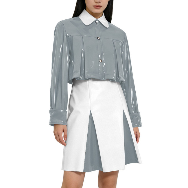 Y2K Shiny PVC Glossy Contrast Color Short Dress Sets High Waist Cocktail Skirt Outfit Elegant Preppy Cosplay Ladies Bodycon Party Dresses