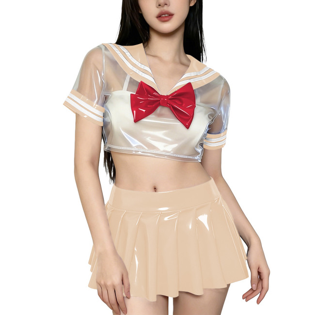 Novelty Clear PVC Sailor Collar Crop Top Shiny Pleated Mini Skirt Club Cosplay Student Uniform Sissy Themed Party Sailor Uniform
