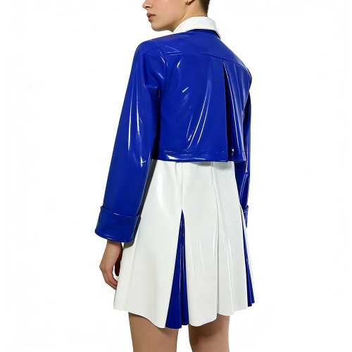Y2K Shiny PVC Glossy Contrast Color Short Dress Sets High Waist Cocktail Skirt Outfit Elegant Preppy Cosplay Ladies Bodycon Party Dresses