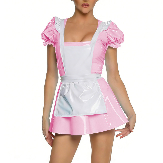 Glossy Party Cosplay Maid Fancy Dress Puff Short Sleeve PVC Shiy A-line Mini Dress Outfit Sissy Maid Outfit Anime Sexy Uniform