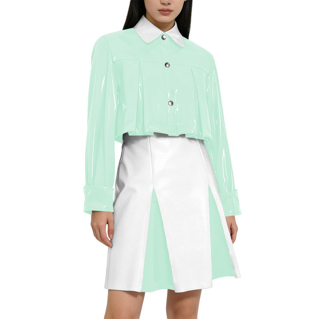 Y2K Shiny PVC Glossy Contrast Color Short Dress Sets High Waist Cocktail Skirt Outfit Elegant Preppy Cosplay Ladies Bodycon Party Dresses