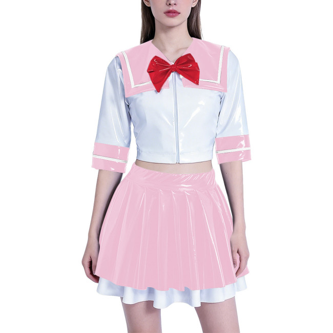 Anime School Girl Cosplay Dress Set Women PVC Latex-look Sailor Collar Crop Top with Flared Pleated Skirt Themed Party Outfit