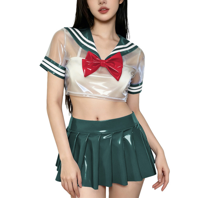 Novelty Clear PVC Sailor Collar Crop Top Shiny Pleated Mini Skirt Club Cosplay Student Uniform Sissy Themed Party Sailor Uniform