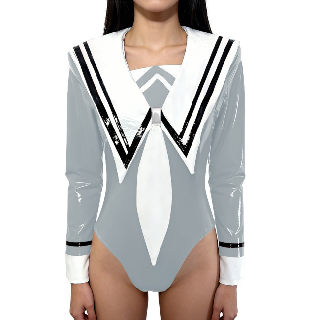 Chic Anime Shiny Party Bodysuit Glossy PVC Leather Sailor Collar Rompers Long Sleeves School Uniform Halloween Cosplay Outfit