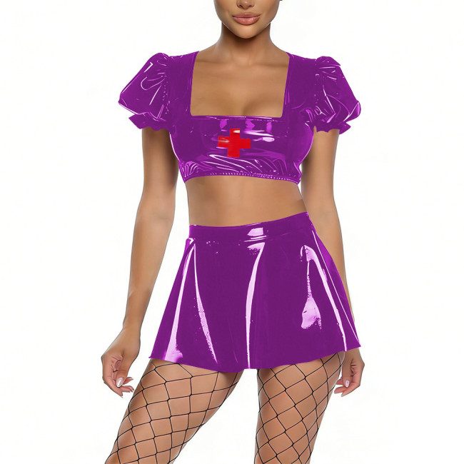 Womens Shiny PVC Nurse Uniform Short Puff Sleeve Crop Top with Flared Mini Skirt Two-Piece Set for Cosplay Themed Party Dress Up