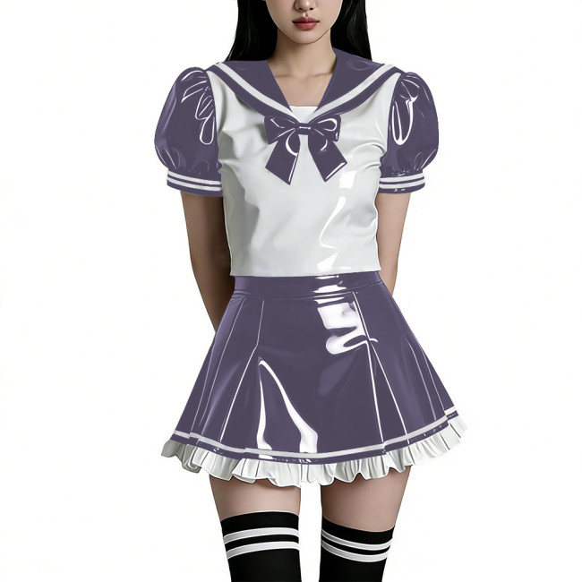 Shiny PVC Wetlook Sailor Uniform Set Glossy Vinyl Puff Sleeve Rave Party Lolita Bow Top Ruffled Mini Skirt Two Piece Cosplay Set
