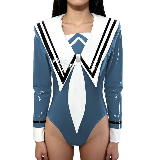 Chic Anime Shiny Party Bodysuit Glossy PVC Leather Sailor Collar Rompers Long Sleeves School Uniform Halloween Cosplay Outfit