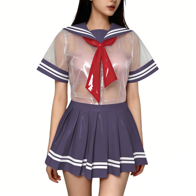 Exotic Sexy Short Transparent Sailor Uniform Wetlook PVC Short Sleeve Top with Pleated Mini Skirts  Cosplay JK Student Costume