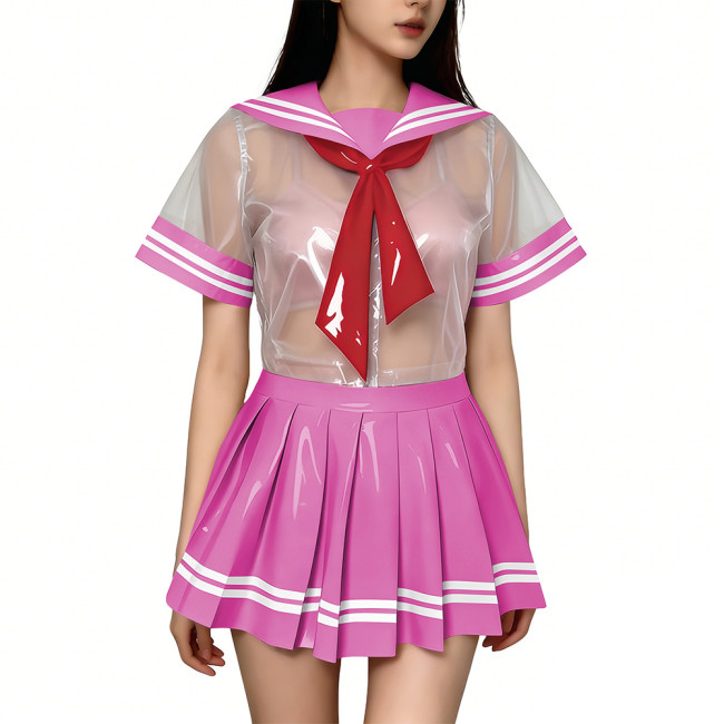 Exotic Sexy Short Transparent Sailor Uniform Wetlook PVC Short Sleeve Top with Pleated Mini Skirts  Cosplay JK Student Costume
