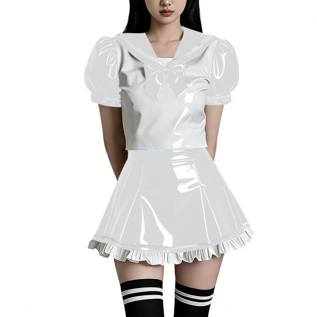 Shiny PVC Wetlook Sailor Uniform Set Glossy Vinyl Puff Sleeve Rave Party Lolita Bow Top Ruffled Mini Skirt Two Piece Cosplay Set
