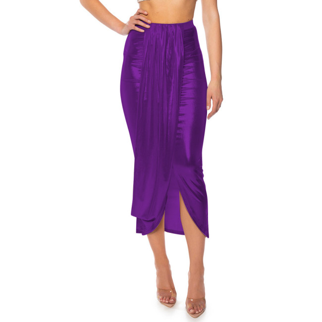Fashion Night Shine Draped Gathered Midi Skirt Liquid Metallic Plus Size Skirts Sexy High Waist Bodycon Skirts Womens Streetwear