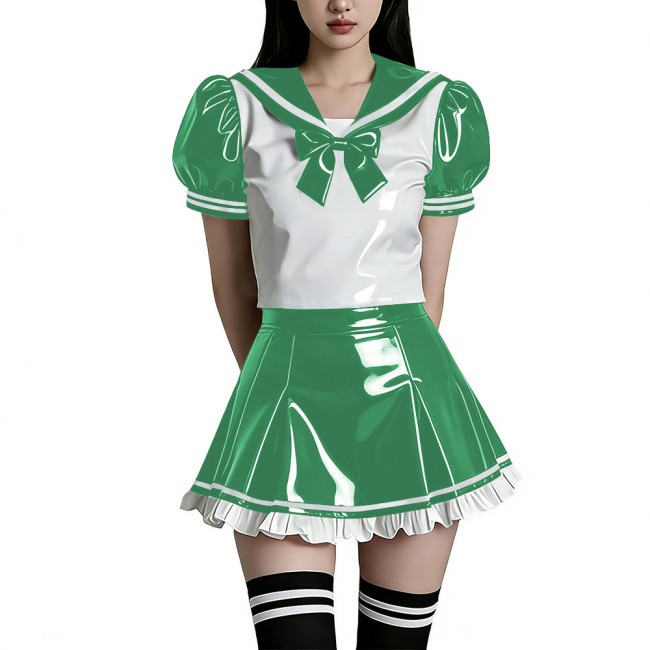 Shiny PVC Wetlook Sailor Uniform Set Glossy Vinyl Puff Sleeve Rave Party Lolita Bow Top Ruffled Mini Skirt Two Piece Cosplay Set